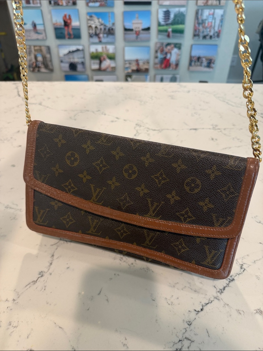 Louis Vuitton Monogram Crossbody in Brown with Tan Trim and Gold Chain